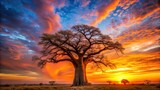 Majestic baobab tree silhouetted against a vibrant sunset sky, baobab, tree, silhouette, sunset, sky, nature, majestic