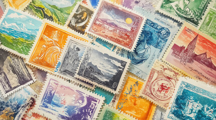 A vibrant collection of colorful stamps showcasing various landscapes and artistic designs, perfect for philately enthusiasts.