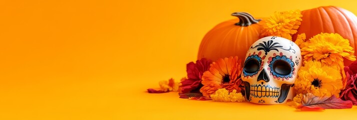 A vibrant Day of the Dead sugar skull with colorful decorations sits amongst orange pumpkins and marigolds, representing the celebration of life and remembrance. The bright colors and festive elements