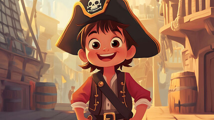 Wall Mural - A cheerful cartoon pirate boy in a red jacket.