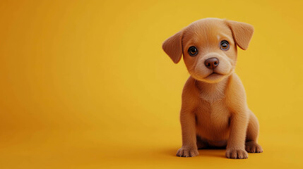 Wall Mural - A cute, small, brown puppy sits on a yellow background.