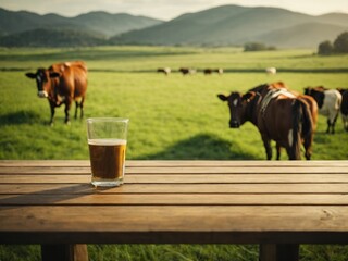 Poster - Empty wooden table top with grass field and cows in background