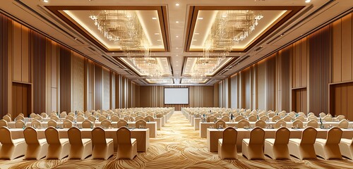 Wide conference hall with modern amenities in a hotel for corporate events.