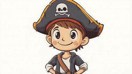 Wall Mural - A cartoon pirate boy with a skull and crossbones hat smiles.