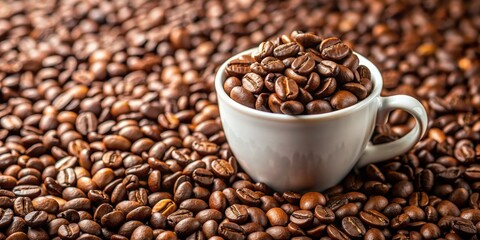 A close-up shot of freshly roasted coffee beans scattered around a white ceramic cup, coffee, beans, roasted, close-up, mug