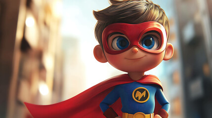 A 3D rendered illustration of a young boy superhero, standing with confidence and a slight smile.