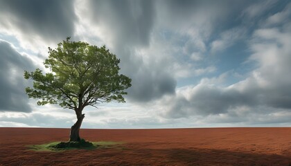 Wall Mural - Solitary tree in a vast reddish-brown field beneath a partly cloudy sky, embodying natures simplicity and beauty