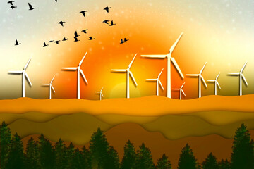 Wind turbines in mountain hills with orange sunset sky background. Renewable energy and Environment concept.