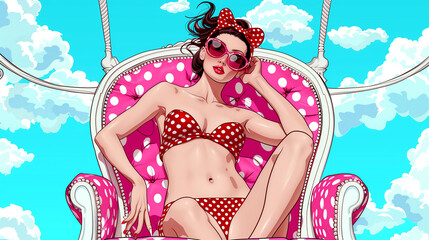 Canvas Print - A woman in a red bikini is sitting on a pink chair. The chair is decorated with polka dots. The woman is wearing sunglasses and a red bow in her hair. The image has a playful and fun vibe