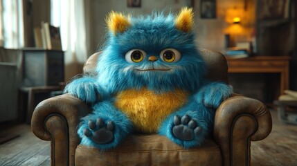 Wall Mural - colorful cartoon character furry monster sits in comfortable armchair hairy beast inside the dollhouse living room interior