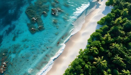 Breathtaking aerial panorama of a tropical beach featuring turquoise waters, white sands, and vibrant palm trees illuminated by the sunrise