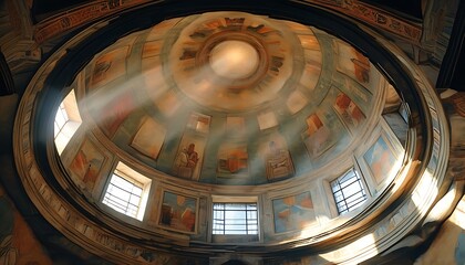 The dome inside the ancient building has exquisite murals on it, and sunlight shines into the interior through the windows, creating a peaceful and mysterious atmosphere.