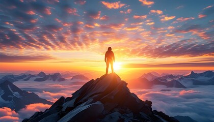 Wall Mural - Triumphant Silhouette Against Sunrise Over Mountain Peak, Inspiring Adventure with Vast Mountain Range and Sea of Clouds as a Backdrop