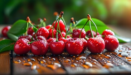 Vibrant Close-Up of Fresh Juicy Cherries with Water Droplets on Wooden Table Celebrating the Essence of Organic Summer Fruit