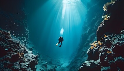 Surreal Journey into the Depths: Divers Adventure Beneath Sunlit Waves Unveils Mysterious Underwater World in Tranquil Silence