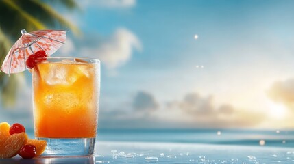 Sticker - Tropical Cocktail Drink with Cherry and Orange Garnish on Beach