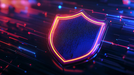 A glowing shield icon made of blue binary code and a neon orange outline, set against a digital abstract background.