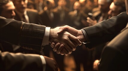 Picture of people hand shaking for business or job in teamwork concept. Friendly atmosphere for strategy management. Working of company team under cooperation together work for organization. AIG53.