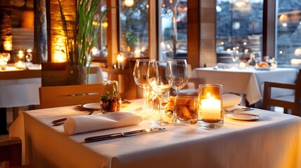 Romantic candlelit dinner table setting with wine glasses.