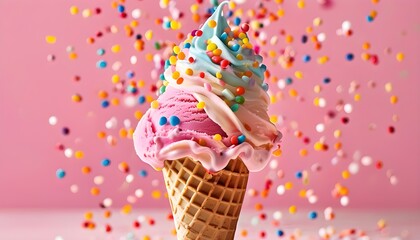 Wall Mural - Colorful Sprinkles on Vanilla Ice Cream Cone Against Pink Background Celebrate Sweet Treats and Summer Enjoyment