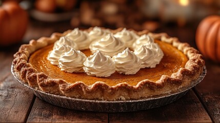 A delicious homemade pumpkin pie topped with dollops of whipped cream, perfect for fall celebrations and Thanksgiving dinner.