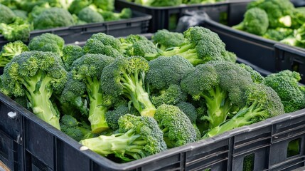 Canvas Print - A crate of fresh broccoli (Brassica oleracea), with bright green florets ready for market sale