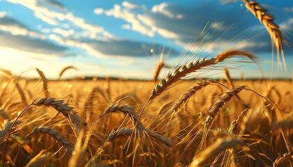 Swaying Golden Wheat Ears under Blue Sky in Scenic Countryside Celebrating Agricultural Harvest and Natural Abundance on a Summer Afternoon