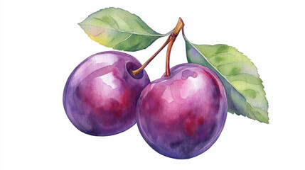 A vibrant watercolor illustration of two plump purple plums with green leaves, perfect for food-related designs.