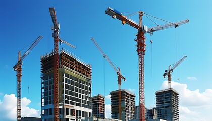 A building under construction has a blue sky in the background and several tower cranes in operation, showing the scene of urban development.