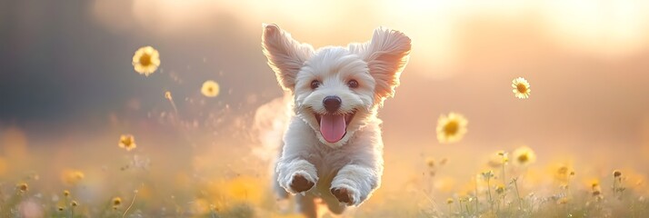 Energetic Dog Happily Running Through Flower Filled Field