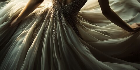 A close-up of a woman's arm and hand holding a flowing white gown with a beaded bodice and a dark background.