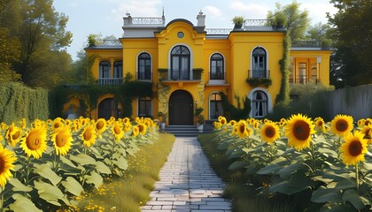 Wall Mural - Stunning yellow mansion surrounded by a vibrant sunflower garden, showcasing the beauty of nature through generative art