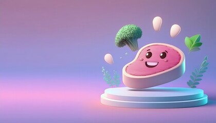 Wall Mural - 3D render of a cute pastel cartoon steak with vegetables and herbs in a cute menu concept from Steak.