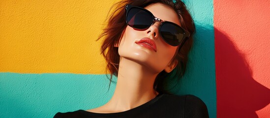 Poster - Woman in sunglasses, lying on her back against colorful walls.