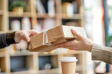 Close-up of hands delivering a package box and giving it to customer