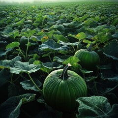 Wall Mural - A field of green pumpkins (Cucurbita maxima), perfect for the fall harvest season and markets