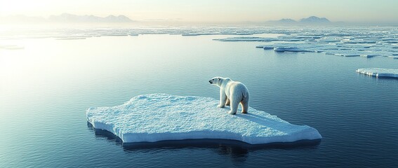 a polar bear standing on an ice floe in the arctic ocean, with small islands visible in background