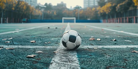 Soccer ball on an empty outdoor court with fallen leaves. Autumn sports and recreation concept.