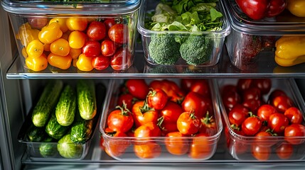 Fresh vegetables in a refrigerator, including cucumbers, yellow peppers, cherry tomatoes, lettuce, broccoli and red peppers.