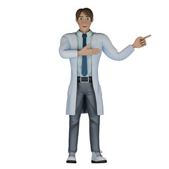 Male Doctor Cartoon Character. A male doctor standing while his right hand in front of his chest with his palm facing up and his left hand pointing to the left with his index finger. 3D Healthcare Il