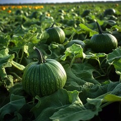 Canvas Print - A field of green pumpkins (Cucurbita maxima), perfect for the fall harvest season and markets