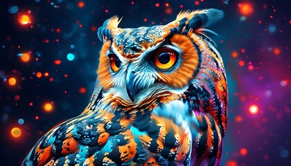 Vibrant Spiritual Celestial Owl Illuminated in Colorful Neon Lights