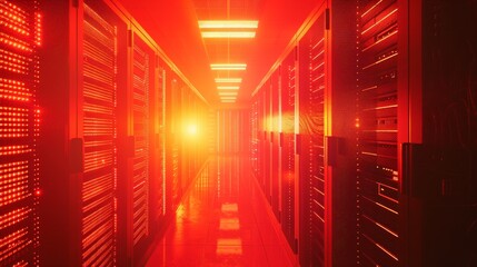 Wall Mural - Red-lit Server Room with Glowing Lights and Rack Cabinets