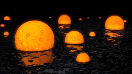 Poster - Glowing Orange Spheres on Dark Surface