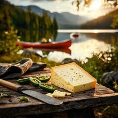 A serene lakeside picnic scene featuring cheese, jalapenos, and a canoe, perfect for outdoor culinary adventures.