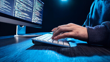 close up of programmer typing on keyboard with code text on monitor screen on dark room