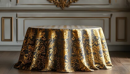 Wall Mural - Luxurious dining setting featuring an ornate table adorned with a gold patterned tablecloth