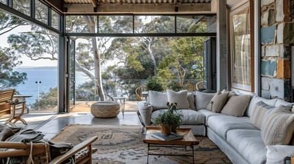 Coastal Living Room with Sectional Sofa and Ocean View