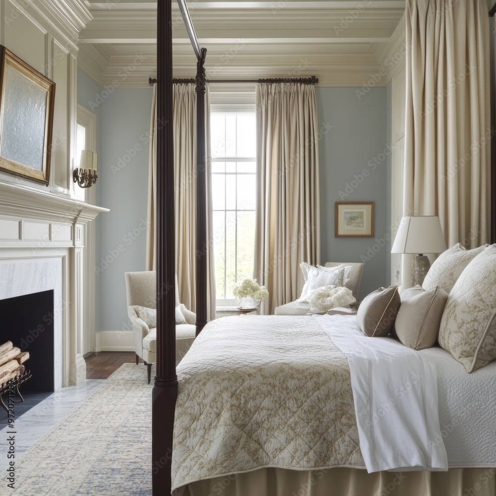 Luxurious Bedroom Interior Design with Four Poster Bed and Fireplace ...