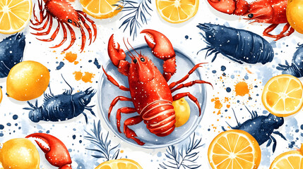 Wall Mural - Watercolor Lobster Lemon Seamless Pattern Background Design